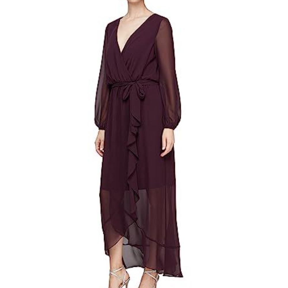 SLNY Aubergine Chiffon Wrap Maxi Dress Size 14 – Long Sleeve Ruffle Gown